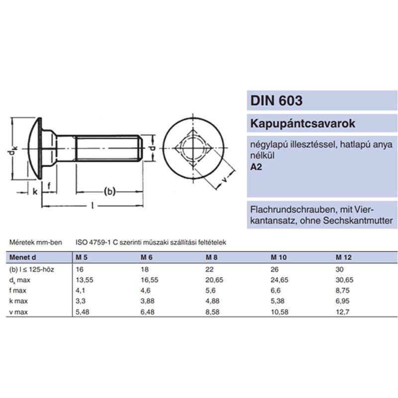 KAPUPÁNTCSAVAR M06*070 DIN 603-A2 INOX  METRIKUS CSAVAROK