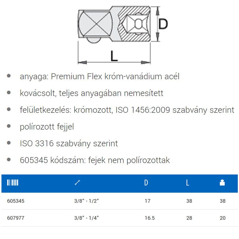 UNIOR 605345 DUGÓKULCS ÁTALAKÍTÓ 238.7/1 /3/8col- 1/2col  SZERSZÁM-KULCSOK