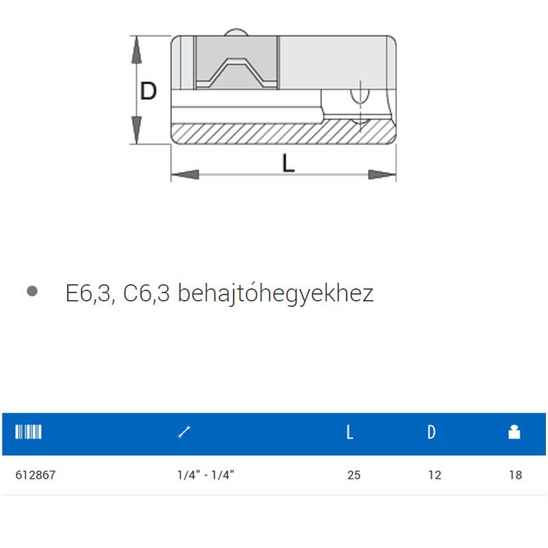 UNIOR 612867 DUGÓKULCS ADAPTER 1/4c- 1/4c 188.9 BELSŐ-BELSŐ  SZERSZÁM-KULCSOK