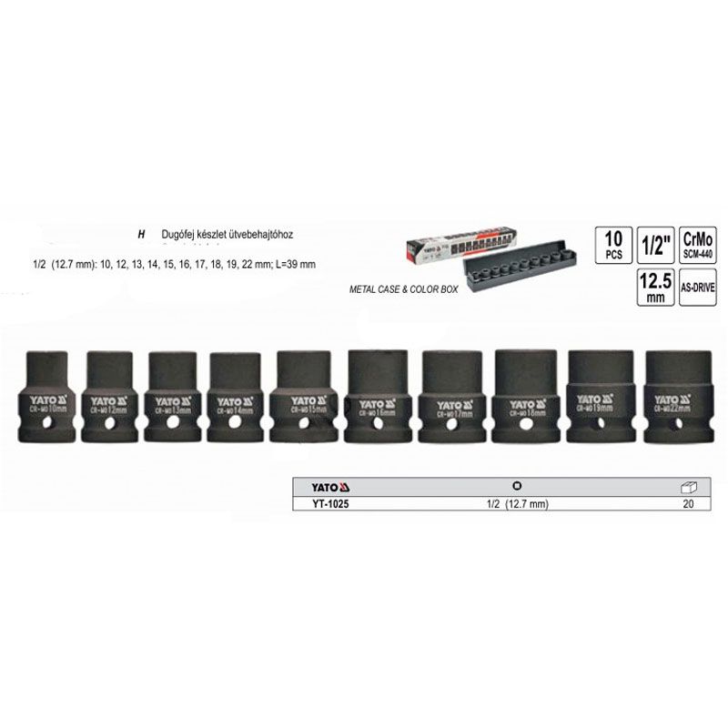 YATO 1025 DUGÓKULCS KÉSZLET 10-22/10részes 1/2col GÉPI SZERSZÁM-KULCSOK YATO 1025 DUGÓKULCS KÉSZLET 10-22/10részes 1/2col GÉPI SZERSZÁM-KULCSOK