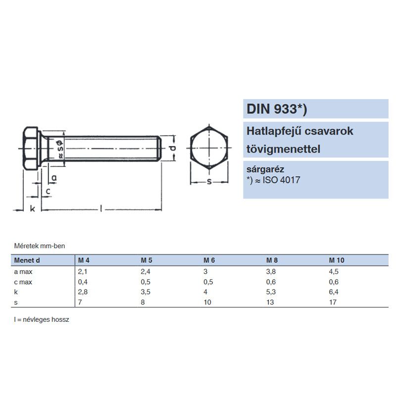 HLF CSAVAR M8*16 DIN 933 SÁRGARÉZ TM IMPORT METRIKUS SÁRGARÉZ CSAVAROK