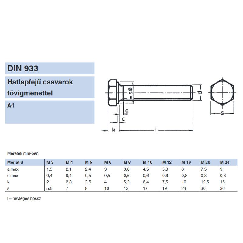 HLF CSAVAR M12*35 DIN 933 A4-70 SAVÁLLÓ TM  METRIKUS CSAVAROK